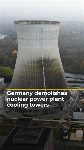 Drone footage captures the moment two nuclear plant cooling towers were demolished in the Bavarian town of Gundremmingen. Germany has been phasing out nuclear power since 2011. Around 600 kilograms of explosives and 1,800 boreholes were required to destroy them. | Al Jazeera English