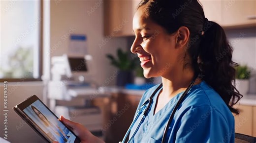 hispanic nurse interacting with tablet in bright exam room, blue scrubs, focused expression, exam equipment and window light, updating digital records and patient details with gentle