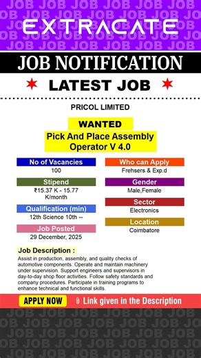 PRICOL LIMITED Job For Freshers | Assembly Operator | Electronics | Career 2025 | Job Vacancy Shorts