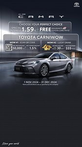 ALL-NEW CAMRY เลือกรับข้อเสนอสุดพิเศษสำหรับคุณ ดอกเบี้ยเริ่มต้น 1.59% หรือ รับฟรีประกันภัยชั้น 1 TOYOTA CARE PHYD* พิเศษ! TOYOTA CARNIWOW แจกรวมมูลค่ากว่า 231 ล้านบาท จอง และรับรถ WOW ทันที 2 ต่อ!! WOW #1: สแกน QR Code และจอง ALL-NEW CAMRY • ส่วนลดสูงสุด 50,000 บาท หรือ ส่วนลดดอกเบี้ยสูงสุด 1.5% WOW #2: Lucky Draw ลุ้นรับของรางวัลรวม 555 รางวัล!! • รางวัลที่ 1 ทองคำแท่ง 30 บาท • รางวัลที่ 2 ทองคำแท่ง 5 บาท • รางวัลที่ 3 iPhone 16 Pro (128 GB) • รางวัลที่ 4 Central Shopping Voucher มูลค่า 2,000 บ