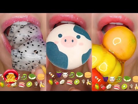 ASMR Satisfying Eating Emoji Food Challenge Jello Jelly Macarons Fruit
