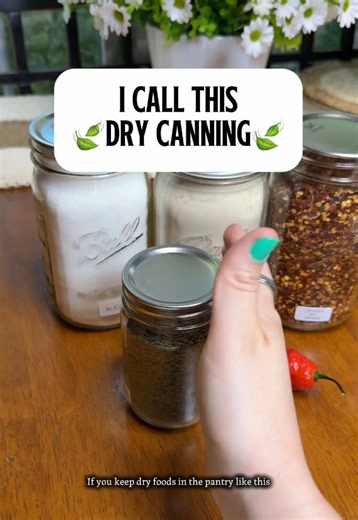 🫙 I call this “DRY CANNING”… but no, this is NOT actually canning. 😂 🌿 If preserving food feels intimidating, start simple! I started using this mason jar vacuum sealer for completely dried herbs from my garden, and now I use it for all kinds of dry pantry goods. 🌾 Think dried herbs, rice, dried beans, sugar, seasonings and other foods that are already shelf-stable and appropriate for dry storage. ♻️ It’s one of my favorite ways to use mason jars beyond traditional canning while helping prot