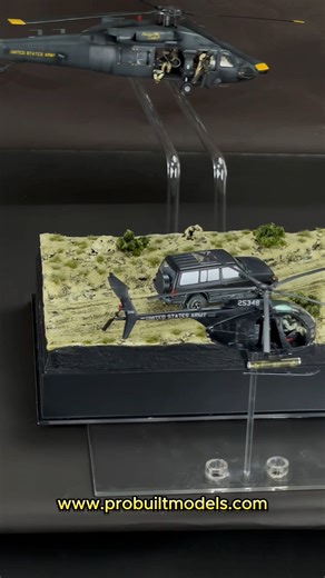 1/35 Black Hawk Down diorama series : Catching Mr Atto. Black Hawk MH-60L was Academy model that was upgraded the machine guns, the crews and soldiers were painted from Live Resin Miniatures. The Little Bird was built from Kittyhawk, the SUV was built from Takom, and the Black men was painted from Paracel Miniature #probuiltmodel #blackhawkdown #littlebird #helicopter #deltaforce #miniatures #scalemodel #militarymodel #modelkit #propainted #blackhawk #deltaforce #diorama | Pro Built Model