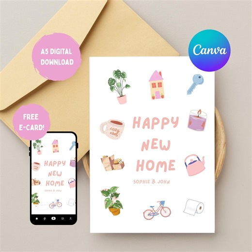 Happy New Home Congratulations Card A5 Digital Download|free MP4 E-card|canva Template Editable - Etsy