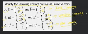 Identify the following vectors are like or unlike vectors.A.  a... | Filo