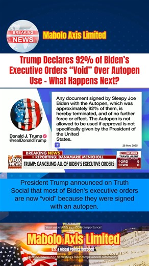 Trump Declares 92% of Biden’s Executive Orders “Void” Over Autopen Use – What Happens Next? President Trump announced on Truth Social that most of Biden’s executive orders are now “void” because they were signed with an autopen. The practice has been used by presidents for decades and is considered legally valid. Can an incoming president unilaterally cancel past orders this way, or will courts decide? What do you think the legal outcome will be? 🤔 #USPolitics #ExecutiveOrders #Autopen #America