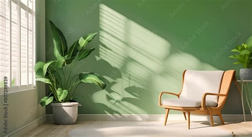 Modern monochrome living room with sage green accent wall and houseplants. Concept Home Decor, Monochrome Design, Sage Green Accent, Houseplants, Modern Living Room