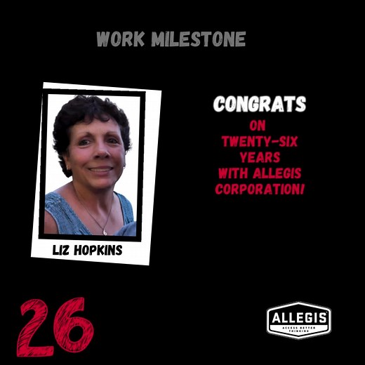 On November 1, Liz Hopkins began her 26th year with Allegis. Over the years, Liz has shown remarkable resilience, a steady commitment to her work, and a kindness that shines in everything she does. Liz, you are not just a teammate, you are an integral part of the Allegis family. We're proud to celebrate this milestone and incredibly grateful for all you bring to our team. Here's to many more years together. #TeamAllegis #WorkAnniversary #EmployeeSpotlight #26YearsStrong #AccessHardwareSolutions 