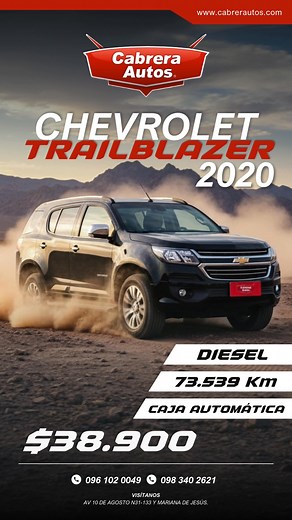 CHEVROLET TRAILBLAZER Año: 2020 Color: NEGRO Transmisión: Automática Combustible: Diesel Precio: $ 38.900 Contactos: 🔴Raúl Cabrera: 0989070197 ⚪️July Veliz: 0961020049 🔴Amador Castillo: 0983402621 Dirección: Av. 10 de Agosto N31 133 y Mariana de Jesús | Cabrera Autos