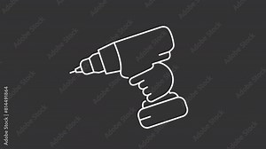 Animated drill white icon. Drilling machine line animation. Construction professional tool. Electrical tool. Isolated illustration on dark background. Transition alpha video. Motion graphic