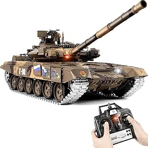 1/16 RC Tank, Heng Long Russian T90 Army Toy with Smoke, Sound and Lights, 2.4G Remote Control Tank That Shoots with Upgraded Metal Tracks, Idler and Sprocket Wheel, Steel Gearbox, Batteries*2