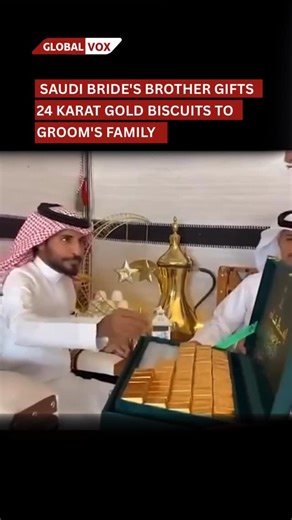 Global Vox on Instagram: "Saudi Wedding Stuns Guests as Bride’s Brother Gifts 24 Karat Gold Biscuits to Groom’s Family A luxurious Saudi wedding ceremony is making waves online after the bride’s brother presented 24 karat gold biscuits to the groom’s family as part of the celebration. The grand gesture, captured on video, highlights the rich traditions, generosity, and cultural significance often seen in high profile Middle Eastern weddings. #SaudiWedding #GoldGift #24KGold #LuxuryWedding #Middl