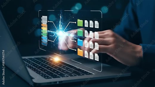 Document classification. Document management system DMS. File and folder icons. Businessperson using laptop computer for managing documents.
