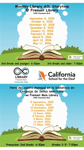 Our Monthly ASL Storytime at Fremont Main Library had a fantastic second session! We were thrilled to have CSD staff storytellers Ron Bye and Luis Ledezma lead the way, sharing fun, engaging stories and sparking lively ASL interactions with everyone. A big thank you to all who joined — we can’t wait to welcome even more friends from the community next month! This event is open to everyone, so bring your family and come enjoy the magic of ASL storytelling. (click on video to enlarge) #csdeagles #