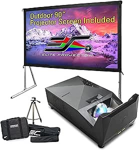 EliteProjector Ultra Short Throw Projector w/90" Outdoor Foldable Screen for Home Theater 1080p 1500 Lumens Bluetooth Built-in Battery Compatible with iOS Android PC TVstick MGS-OM90