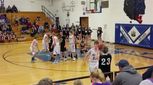Basketball stuck on rim in final seconds of game (looped)
