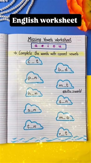 Renu Bala on Instagram: "✨ Missing Vowels Worksheet ✨ A super fun way for kids to learn vowels, complete words, and build strong phonics skills! 🌸 This activity improves spelling, vocabulary, and early reading confidence while making learning engaging and playful. Perfect for Preschool, Nursery, LKG & KG kids. 📝💡 missing vowels worksheet, phonics practice, preschool learning, fun English activity, kindergarten worksheet, vocabulary building, early literacy skills, @kittu_zworld #missingvowels