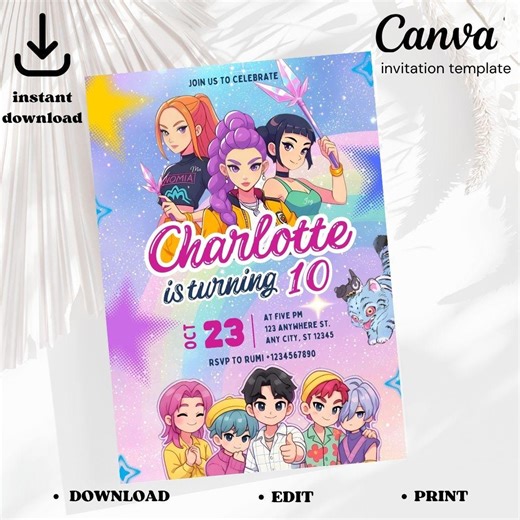 Kpop Demon Hunters Birthday Invitation, Kpop Theme, Demon Hunter Party, Editable Party Invite, Demon Huntrix Birthay Party Decor for Fun - Etsy