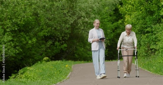 A woman walks with the help of a walker, a social worker with a tablet walks next to her