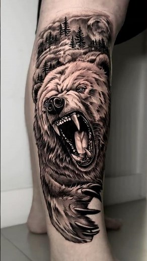 🐻 Realistic Roaring Bear Tattoo | Black & Grey Wildlife Ink 🐻