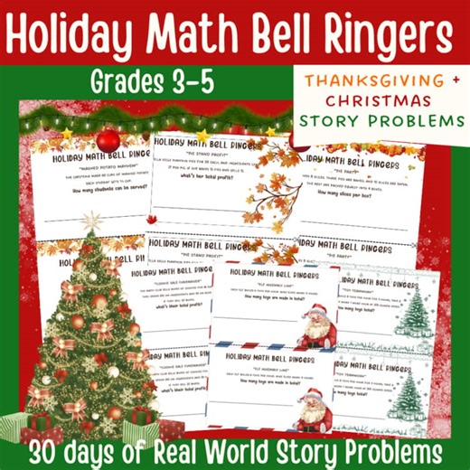 Holiday Math Bell Ringers | Grades 3,4,5 | Thanksgiving Christmas Story Problems