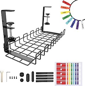 Under Desk Cable Management Tray 1 Pack, 15.7'' No Drill Under Desk Cable Organizer with 8 Color Cable Labels, Steel Cable Management Tray for Office Desks, Black