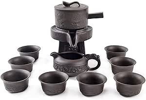 Chinese Gongfu Tea Gift Set, Service Automatic Stone-Mill Design Handmade Ceramics Tea Pot 8 Cups Japanese Kung Fu Tea for Adults Men Women Tea Ceremony Party Home Office Decor (brown)