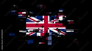 Flag Great Britain with screen effects of technological failures. Spectacular screen glitch with various kinds of interference. Looped