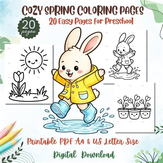 Cozy Spring Coloring Pages for Preschool Kids , Easy Toddler Coloring PDF A4 US Letter - Etsy