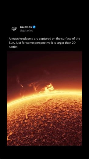 Galaxies on Instagram: "A plasma arc on the sun is a large, arch-shaped structure of superheated plasma held in place by magnetic field lines, known as a coronal loop, prominence, or filament. These arcs can extend thousands of kilometers above the solar surface and are typically rooted in sunspots, where magnetic fields are particularly strong. They can be seen as glowing structures in the sun’s atmosphere, especially in ultraviolet light, and are the source of solar flares and coronal mass eje