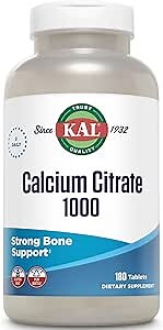 KAL Calcium Citrate 1000mg, Calcium Supplements for Women and Men, Bone Health, Teeth, Nervous, Muscular & Cardiovascular System Support, Gluten Free and Lab Verified, 60 Servings, 180 Tablets