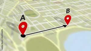 Travelling quickest from point A to B animation on a street map with roads