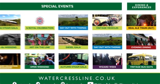 Take a sneaky peek at what's happening at The Watercress Line in 2023. It's an exciting year with something for everyone! Check out our website for more details on all of these events: www.watercressline.co.uk If you don't want to miss out on news of events & ticket releases, subscribe to our enewsletter (you can unsubscribe at any time): http://bit.ly/2DXtMA9 https://facebook.com/watercressline https://twitter.com/Watercress_Line https://www.instagram.com/thewatercressline/ | The Watercress Lin