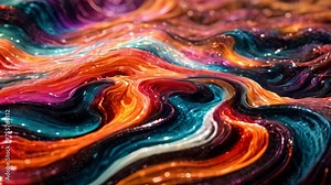 Video animation of dynamic swirl of colors, resembling a mix of paint or liquid in motion. The colors range from deep blues and purples to bright oranges and reds Stock Video