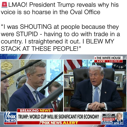 Eric Daugherty on Instagram: "🚨 Best. President. EVER. 😂 Q: Your voice sounds a little rough. You feeling alright? PRESIDENT TRUMP: I was SHOUTING at people because they were STUPID - having to do with trade in a country. I straightened it out. I BLEW MY STACK AT THESE PEOPLE! Amazing. #Trump #MAGA #WhiteHouse #OvalOffice"