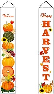 Fall Decor Porch Banner, Party Porch Sign - Buffalo Plaid Hanging Flags, Pumpkin Maple Leaf Banners for Autumn Harvest Thanksgiving Decorations for Home