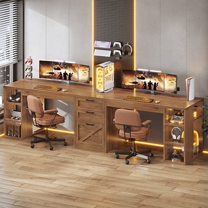 SEDETA 96.5 Inch 2 Person Desk with Storage, Farmhouse Double Desk with Drawers and Open Shelves, Home Office Desk with Printer Stand and File Drawer, Rustic Brown