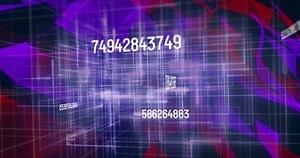 Animation of numbers and data processing over purple and red network of connections. global connections and data processing concept digitally generated video.