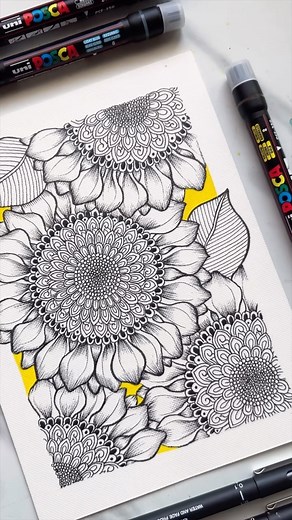 Sunflower mandala using @uniball_india fineliners and the most amazing POSCA brush pens 🖊️✍🏻🌻 Would you like to learn this from me? Check out the Botanical Line Art Course details for beginners below ⬇️ . Botanical Line Art Course - floral line art - Doodling and illustration basics - Practice various floras with anatomy structure - Pen shading technique - Illustration techniques on different mediums - No. of sessions: 8 classes - Timings: 1 hr 30 mins, 2 classes per week, days and timings ca