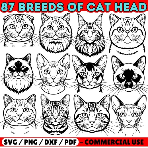 Cat Breeds Head SVG Bundle | Cat Face Line Art Clipart for Cricut & Silhouette Craft - Etsy