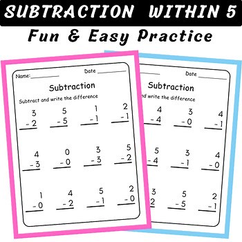 Simple Subtraction Within 5 Worksheets | Kindergarten Math Practice Printables