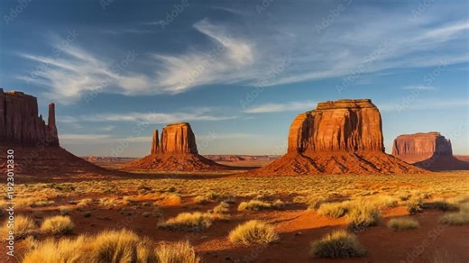 Desert landscape with iconic rock formations under a blue sky with wispy clouds in Arizona desert