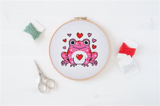 Pink Frog Cross Stitch Pattern, Cute Heart Digital Download, Animal Embroidery, Valentine Gift, Modern DIY Cross Stitch, Easy Beginner PDF - Etsy