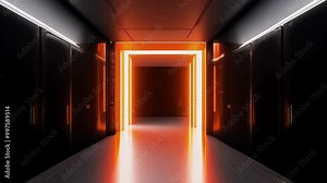 dramatic 4K 3D animation glowing orange neon door closing disappearing dark hallway futuristic abstract corridor rotating lines successthemed visual design ideal projects focusing business