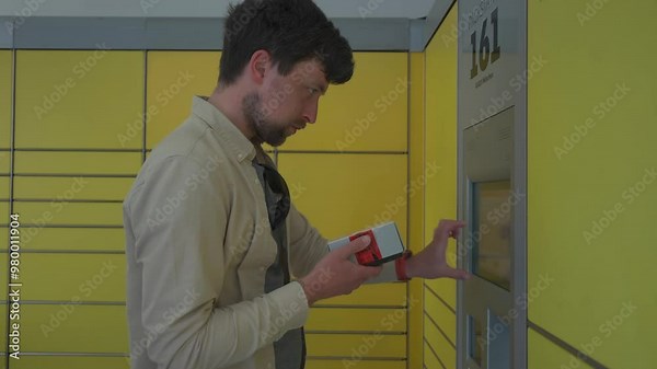 Male customer using self-service automated delivery terminal to send package or storage locker to drop off parcel. Postal automatic package pickup point man at operating screen holding phone and box.