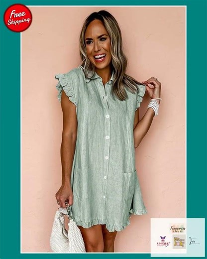 Green Stripe Frilled Sleeveless Collar Front Pocket Button Up Mini Dress