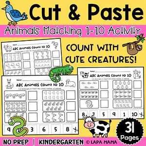 ABC Animals Count to 10 | Cut and Paste Number Matching Worksheets | No Prep
