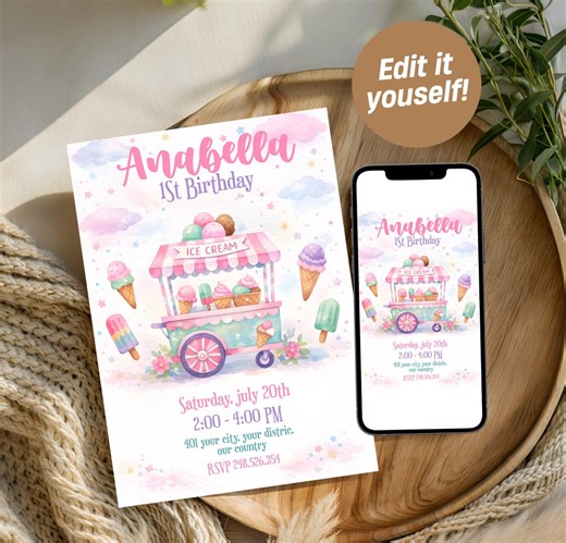 Editable Ice Cream Birthday Invitation, Sweet One Party Invite (digital Download) Girl 1st Birthday, Pastel Watercolor Ice Cream Social - Etsy