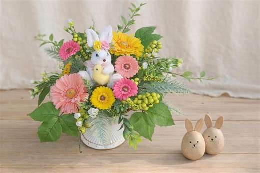 Spring Meadow Bunny Compote, Pastel Gerbera Daisy Floral Arrangement, Easter Table Decor