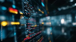 Medium shot of a software tester debugging security holes blurred digital dashboard and alert notifications filling the background softly. Stock Video
